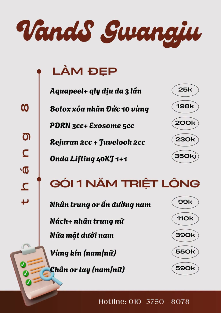 Bảng giá dịch vụ công khai minh bạch tại VandS Clinic chi nhánh Gwangju